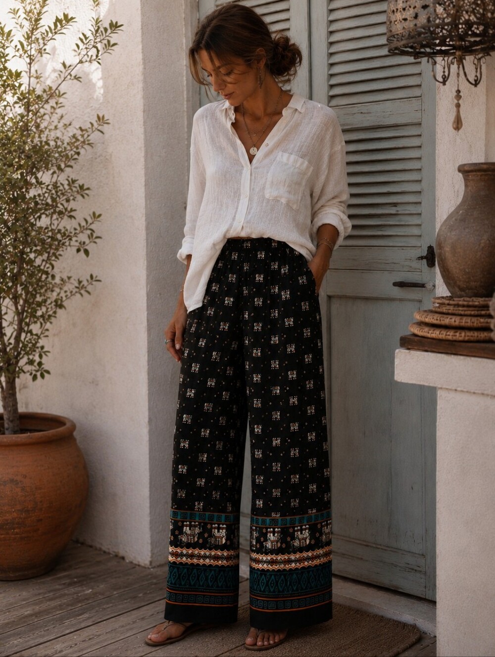 Boho Elephant Print Wide Leg Pants M/L  100% Viscose  Lightweight Summer Palazzo